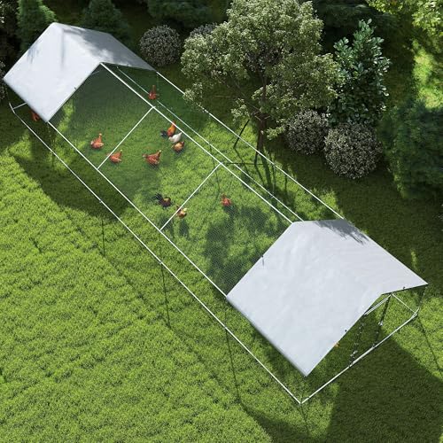 PawHut Large Chicken Coop w/Waterproof Anti-UV Cover 33' x 10' x 6.4' | Metal Chicken Run, Spire Shaped Walk in Hen House Cage for 30-40 Hens Ducks Poultry, Outdoor Yard Farm, 1" Tube Diameter - size: 393.7"L x 118.1"W x 76.8"H