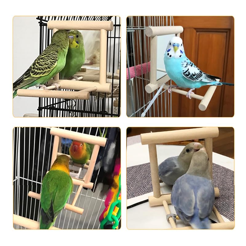 2Pcs Bird Mirror Parakeet Mirror Perch Stand Wooden Swing Mirror Toy Cage Accessories for Parrots Budgies Parakeets Cockatiels Lovebirds Finches - size: 2 Pcs
