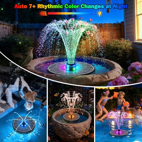 SZMP 3.5W Glass Solar Fountain with Swivel-Out Fixed Rods, Solar Bird Bath Fountains with LED Lights and 2000mAh Battery, 7 Nozzles, Outdoor Solar Water Fountain Pump for Garden, Pool, Pond (Black) - color: Black