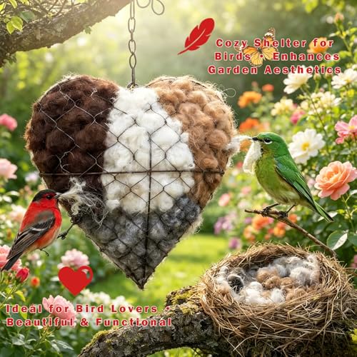 Handmade Alpaca Fiber Bird Nesting Heart, Birds Nests Material Holder, with Refillable Natural Nesting Materials, for Bird Nesting - Outdoor Garden Dispenser & Nesting Material for Wild Birds