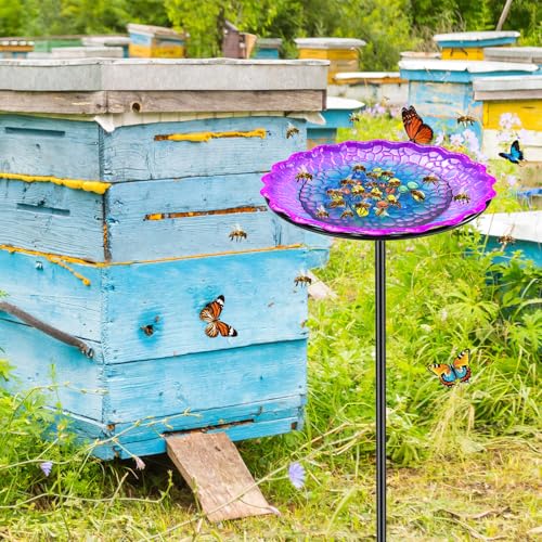 Bee Butterflies Watering Station, Standing Bee Feeder with Glass Marbles for Outside, Bee Bath Feeder with Metal Stakes Butterfly Puddler Garden Yard Déco (Purple) - color: Purple