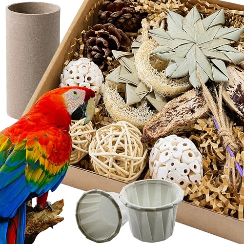 Parrot Foraging Shredding Chew Toys Natural Materials, Interactive Foraging for Birds, Tearing Chewing Bird Set, Enrichment Shredding Box for Parakeets Cockatiels Conures, Parrot Accessories (Natural)