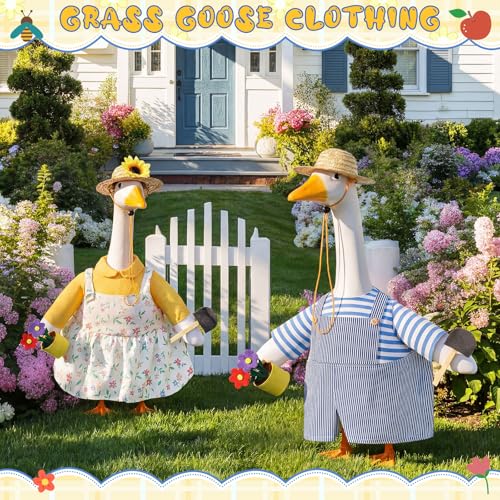 2 Set Porch Goose Outfit Spring Gardener Goose Clothes with Small Flower Pot for 23" Cement Outdoor Patio Yard Decor (Sunflower) - style: Sunflower