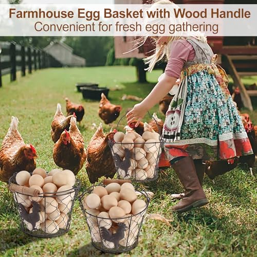 3 PCS 8'' Farmhouse Egg Collecting Basket with Handle, Chicken Egg Bakset | Rustic Metal Wire Chicken Eggs Holder for Countertop Kitchen, Wire Egg Basket, Vintage Style, Round, Rooster Pattern - size: 3 PACK