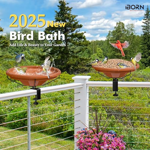 iBorn Bird Bath,Deck Mounted Bird Baths 12inch,Birdbath for Outside with Clamp 3.2inch,BPA-Free Bowl,Chew-Proof,Fully Detachable Design,Easy Clean & Refill,Terracotta,1 Pack（Not Include Fountain） - style: Deck Mounted Bird Bath Terracotta