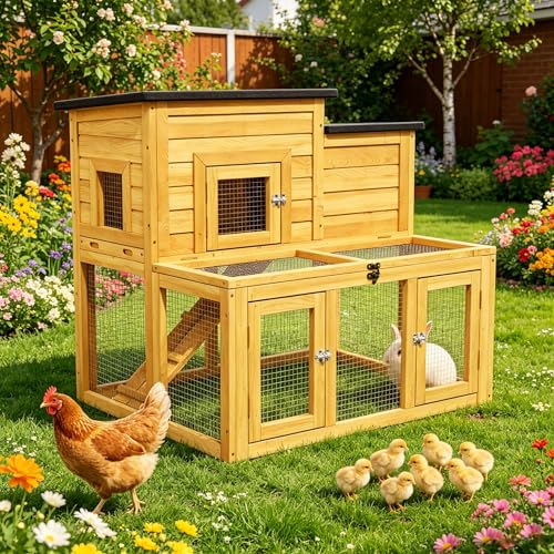Small Chicken Coop Outdoor,Wooden Bunny House Rabbit Hutch Poultry Pet Run Cage Small Animal Enclosure with Waterproof Roof,Stairs&Removable Tray for Small Animals (Wood) - color: Wood