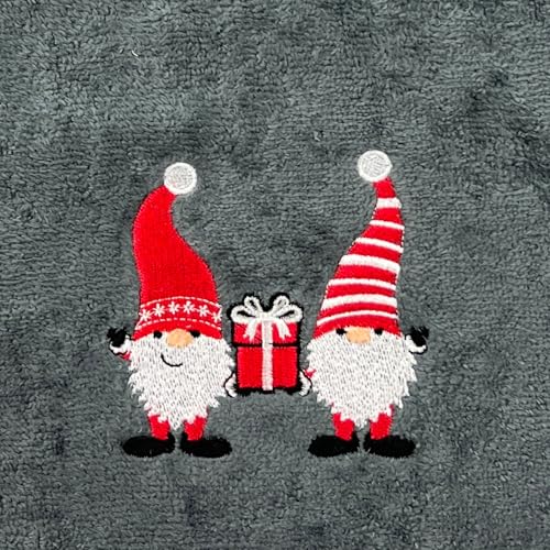 Christmas Gnomes Towel Set: Grey Hand Towels with Red White Embroidery Jolly Nordic Gnome - color: Gnome Friends