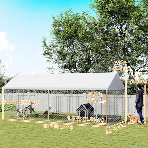 PawHut Outdoor Dog Kennel for Large Breed 20' x 7.5' x 8' w/Secure Lock | Heavy Duty Large Dog Kennel Outside, Waterproof Roof, Galvanized Chain Link Pet Enclosure, for Chicken, Duck - size: 236.2"L x 90.6"W x 94.5"H
