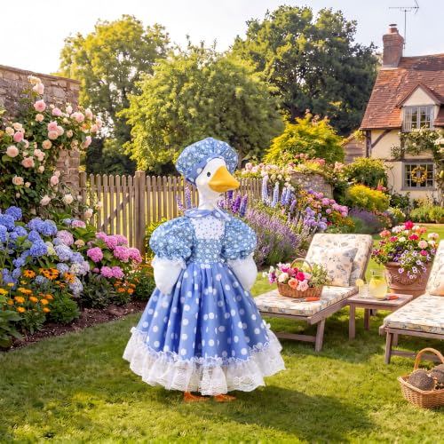 Abbylike Polka Dot Porch Goose Outfits for 23 Inch Plastic & Cement Statue Blue Lolita Dress with Lace Trim Farmhouse Goose Clothes with Hat for Summer Outdoor Patio Yard Lawn Decoration - style: Polka Dots