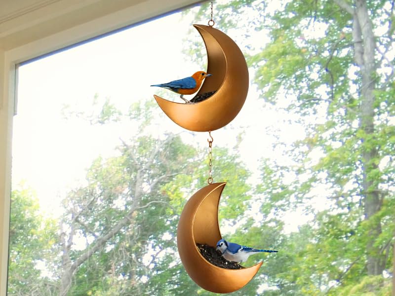 Double Hanging Moon Bird Feeder – Unique Metal Bird Feeders for Outdoors, Antique Gold, Rust-Resistant, Drain Holes – Wild Bird Feeder for Bluebirds, Cardinals, Finches, and Backyard Birdwatching