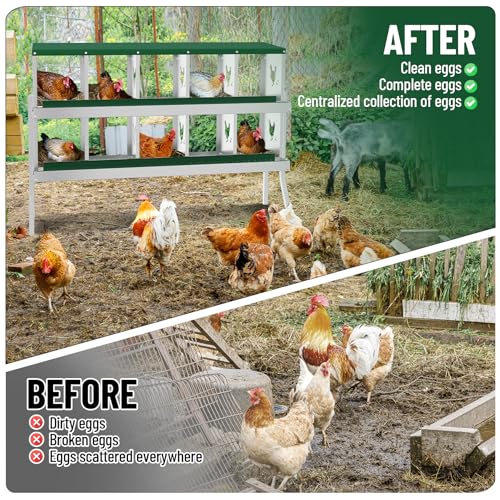 GarveeLife 10 Compartment Chicken Nesting Box with Metal Legs, Nesting Boxes for Chickens, Metal Chicken Laying Boxes with Perch, Secure Lid, Versatile Wall Mount or Free Standing for Hens, Green - color: green, size: 10 grids with legs