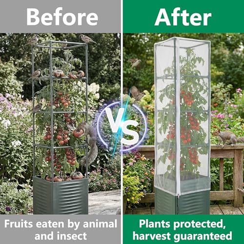 2 Pcs Garden Bird Netting Plant Cover for Square Tomato Cage, 59" x 17.7" Insect Bird Barrier Tomato Cage Net with Zipper & Drawstring, Tomato Trellis Netting Protection Cover for Protecting Plants - color: 2 Pcs, size: 59 x 17.7 inch