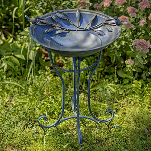 Zaer Ltd. Deep Well Made Metal Birdbath with 2 Cast Iron Birds and Leaf Decoration (Frosted Blue) - color: Frosted Blue