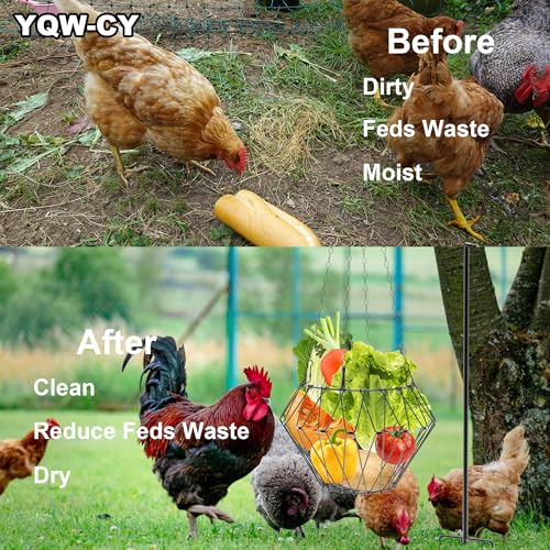 Hanging Chicken Feeder, Foldable Chicken Vegetable Fruits Feeder with 35.5lnch Shepherds Hook, Poultry Feeding Holder Basket with Hanging Chain for Chicken Coop Accessory - style: 2 Pack with 2 Shepherds Hooks