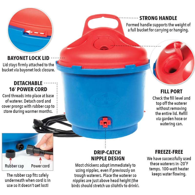 Premier 1 All-Season Heated Poultry Waterer for Chickens & Ducks – 3 Gallon | 100W thermostat keeps water unfrozen to -20°F. Quick-fill cap, 3 recessed nipples, 16 ft detachable cord. Up to 35 birds.