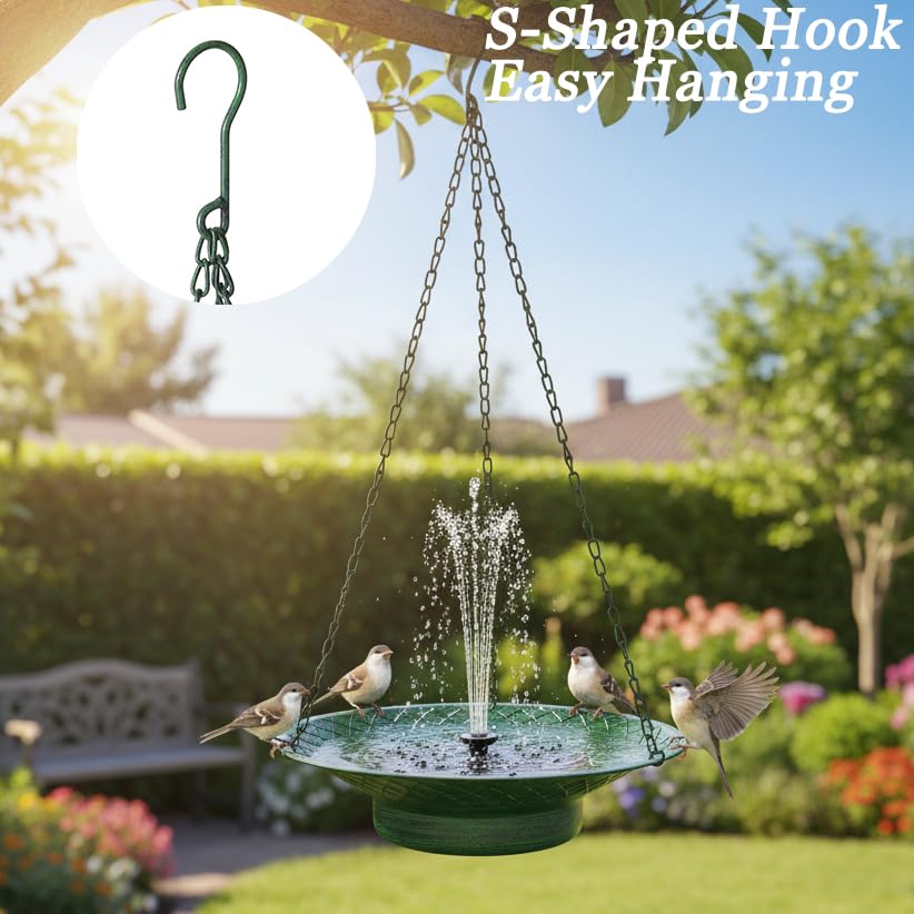 Hanging Bird Bath with Solar Fountain, 12.6" Solar Powered Bird Bath, Metal Hummingbird Fountain Bird Bath for Garden, Patio, Lawn Decor, Green - color: Green