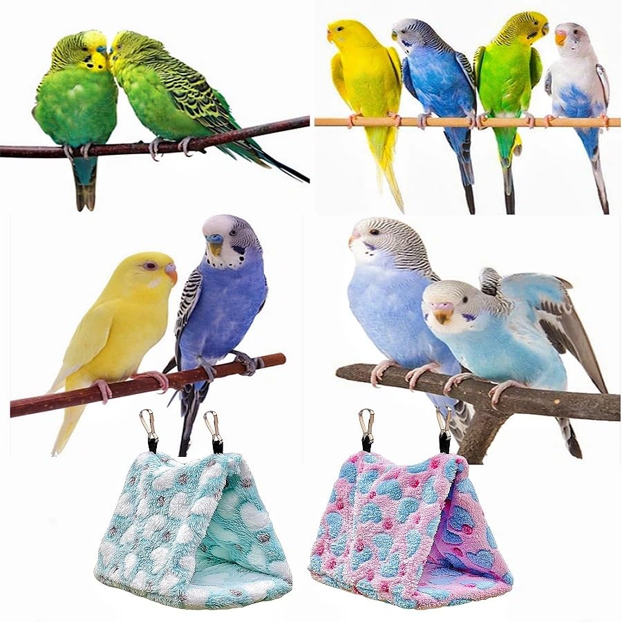 2 Pack Warm Bird Nest Plush Snuggle Bird Hammock Hanging Bird Cave Parrot Sleeping Bed Shed Hut Hanging Tent for Budgies Finch Parakeet Cockatiel Cockatoo Lovebird-Loving Heart (Pink&Green) - color: Pink&Green(Loving Heart )