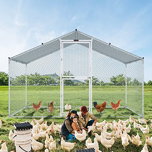 VEVOR Large Metal Chicken Coop with Run, Walkin Chicken Coop for Yard with Waterproof Cover, 6.5 x 9.8 x 6.4 ft, Spire Roof Large Poultry Cage for Hen House, Duck Coop and Rabbit Run, Silver - size: 118.0"L x 78.0"W x 78.0"H