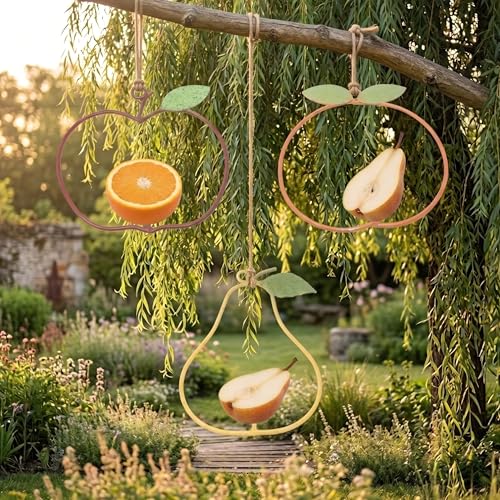 Set of 3 Metal Apple Pear Orange Bird Fruit Holders | Rustic Farmhouse, Outdoor Hanging Feeders, Vintage Kitchen Wall Art, For Bird Lovers & Gardeners