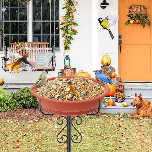 Bird Bath for Outside, 40In Freestanding Birdbaths & Feeder, Brown | Stable Metal Stake, 12" Removable Bowl, Weather-resistant, Easy Clean, Outdoors Garden Patio Yard Lawn - color: Brown