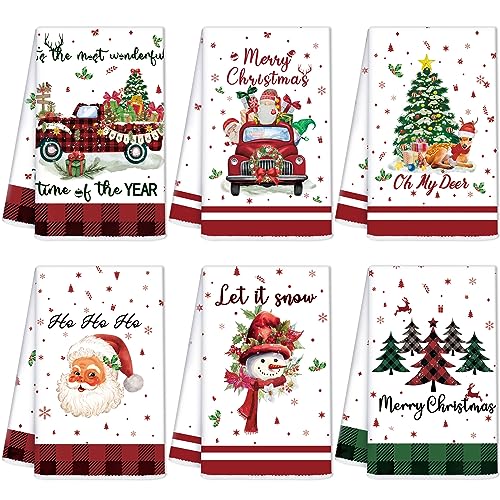 Oudain 6 Pcs Christmas Kitchen Towels Christmas Hand Towels Buffalo Plaid Xmas Tree Snowman Dish Cloths 24 x 16 Inch Santa Truck Decorative Tea Dishcloths for Home Kitchen Bathroom Winter Xmas Gifts - color: Cute