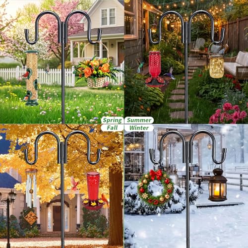 Black Double Shepherds Hook - 67 Inch Adjustable Bird Feeder Pole with 5 Prongs Base - Heavy Duty Rustproof Shepards Hooks for Outdoor Hummingbird Feeder Stand, Solar Lights, Lanterns, Flower Basket