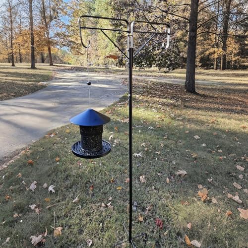 Frcctre Adjustable Double Shepherds Hooks for Outdoor, 61 Inch Tall Bird Feeder Pole with 5 Prongs Base, Heavy Duty Garden Hanger Stand for Hanging Flower Basket, Lantern, Bird Nests