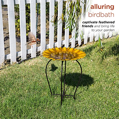 Alpine Corporation 19" H Outdoor Metal Birdbath w/Stylish Stand, Embossed Sunflower Birdbath Bowl and Stand Set, Yellow - color: Yellow