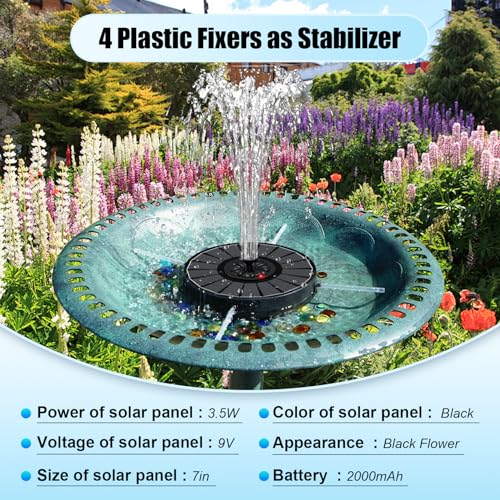 Solar Fountain Work On Cloudy Day,Solar Water Bird Bath Fountain with Faster Conversion Glass Solar Panel and Power Indicator,Built-in 2000mAh Battery,Outdoor Garden Decor(Black Panel)