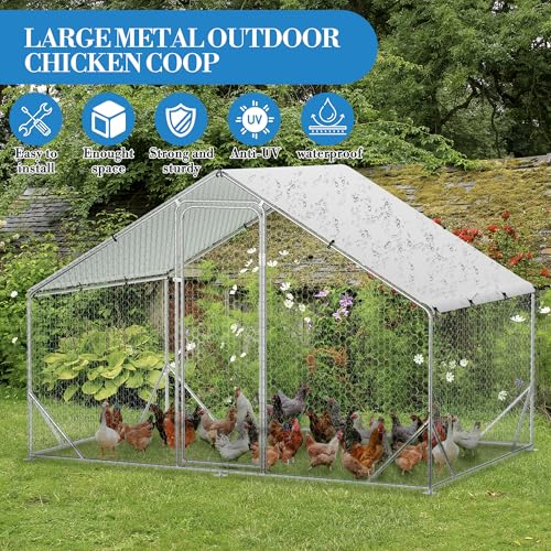 GarveeTech 6.5FT Walk in Chicken Coop Metal, Large Chicken Run with Triangular Brackets, Waterproof & Anti-UV Cover, Poultry Cage for Duck Goose Rabbit, Hen House for Yard Backyard Farm, 6.6' h - size: 9.8' x 6.5' x 6.5'