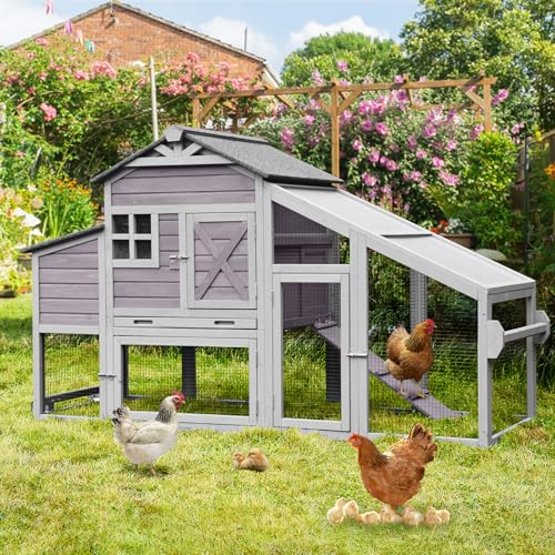 AIVITUVIN Chicken Coop with Nesting Box Mobile Chicken House on Wheels for 2-4 Chickens Rabbit Hutch Pull-Out Tray Wooden Poultry Cage - color: Grey