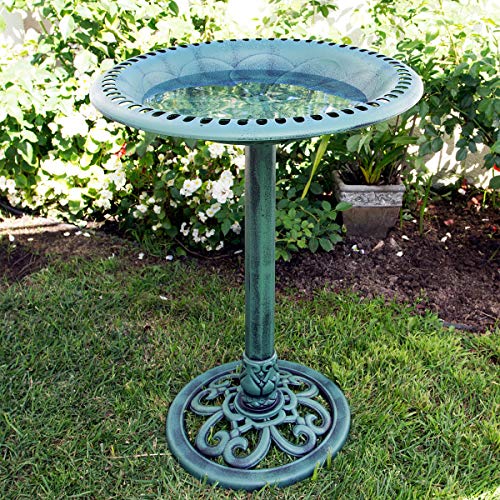 Alpine Corporation TEC116 Outdoor Aged Green Pedestal Birdbath with Scrollwork, 28" Tall, Green - color: Aged Green