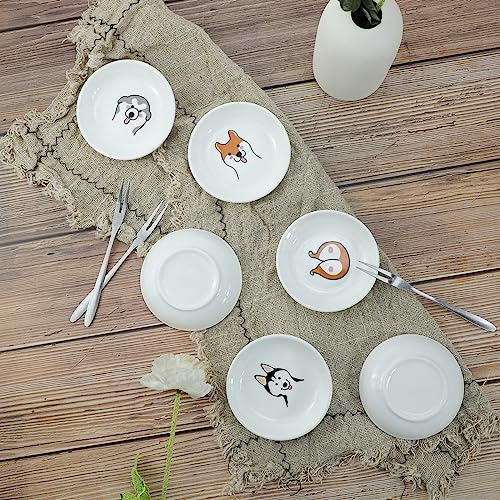 Funny Dogs Head and Butt Pattern Ceramic Sauce Dishes, Seasoning Dishes, Sushi Soy Dipping Bowls, Appetizer Plates, Dessert Plates, Little Cat Bird Feeding Bowls, Set of 6-Dogs-3.5 Inch - color: Dogs, size: 3.5 Inch