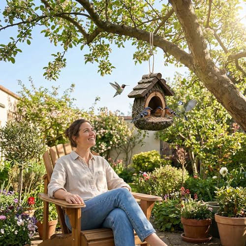 Mini Resin Treehouse Wild Bird Feeder, Hanging Bird Feeder | Waterproof Hanging Bird Feeders for Outdoors, Open Design Garden Yard Sculpture & Country Decor