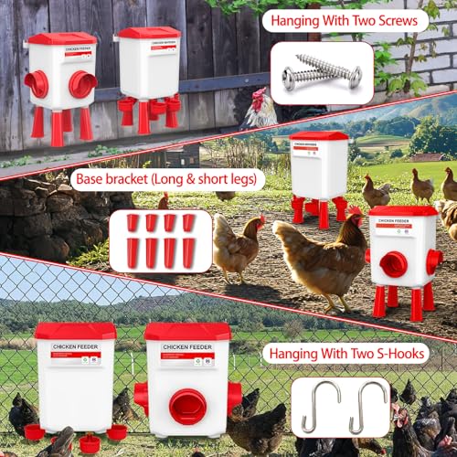 Chicken Feeder and Waterer Set, Chicken Coop Accessories with Hanging Chicken Feeder and Hanging Chicken Waterer Kit No Waste, 3 Gallon/26 Pounds, Red - color: Red, size: 12KG