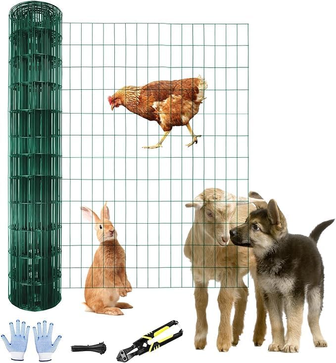 Tongmo 5 ft x 100 ft Green PVC Coated Chicken Welded Wire Fence, 16GA Garden Chicken Wire Fence Roll, Mesh Size 2" x 4" Hardware Cloth, Ideal for Yard Protection and Poultry Netting - color: Green, size: 5ft*100ft