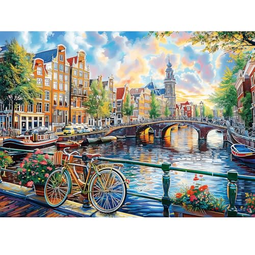 Jigsaw Puzzles 300 Pieces for Adults Bike Puzzles for Kids Ages 8-10 10-12 | River Bridge Town City Scenery Puzzle Games 300 Piece Puzzle Recycled Cardboard Puzzles Educational Toys Gift Family - color: Bike