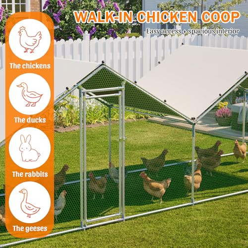 Large 2 Spire Roof Metal Chicken Coop 20×6.72×6.66FT with Run,Water-Resident Poultry Fence with Upgrade Wire Mesh and Anti-UV Cover,Walk-In Hens Pen for Yard,Outdoor Chicken Cage for Duck,Rabbit House - size: 240.0"L x 80.0"W x 79.0"H