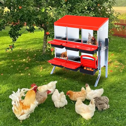Garvee Chicken Nesting Boxes, 6 Hole Metal Chicken Laying Box with Removable Trays for Chicken Coop, Red, with Metal Legs - color: red, size: 6 grids with legs