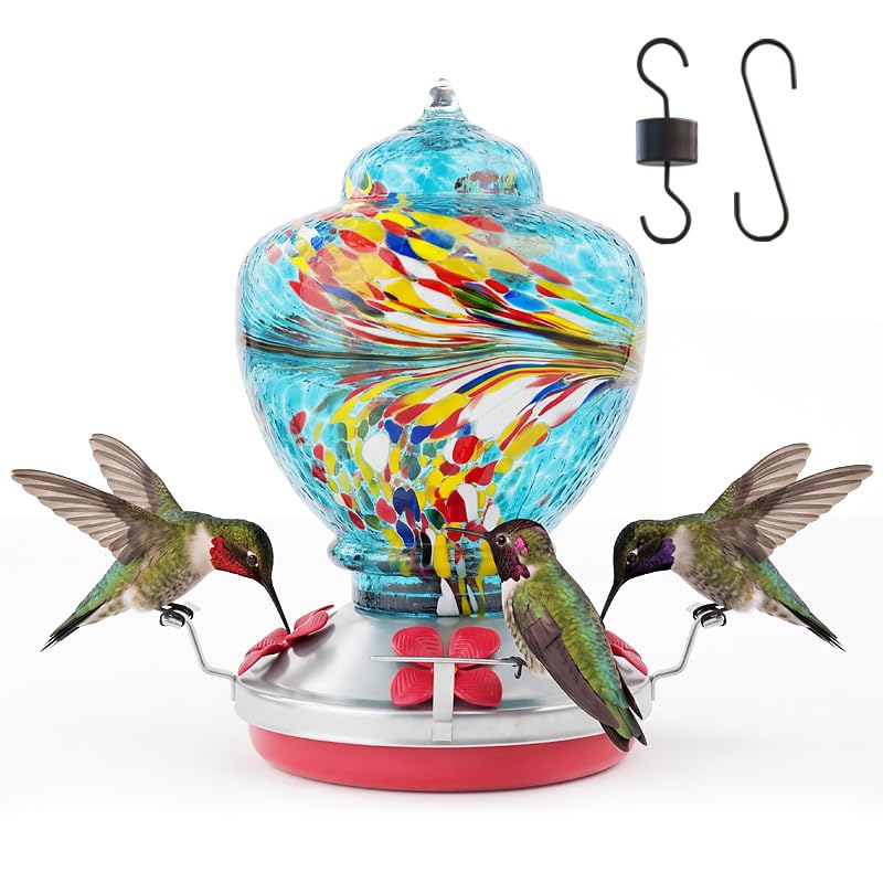 Hummingbird Feeder Colorful Blown Glass Outdoor Hummingbird Feeder with Ant Moat and 5 Feeding Ports for Outdoors Hanging Garden Decor, Bird Lovers (Green) - color: Blue-Phoenix-1
