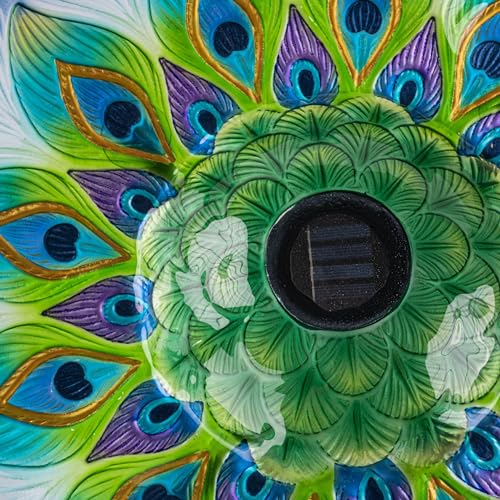 Teamson Home 17.8 in. Round Fusion Glass Birdbath, Multicolored | Peacock Design, Solar-Powered Light, Foldable Metal Stand, Ground Hook - color: Green Peacock, style: Solar