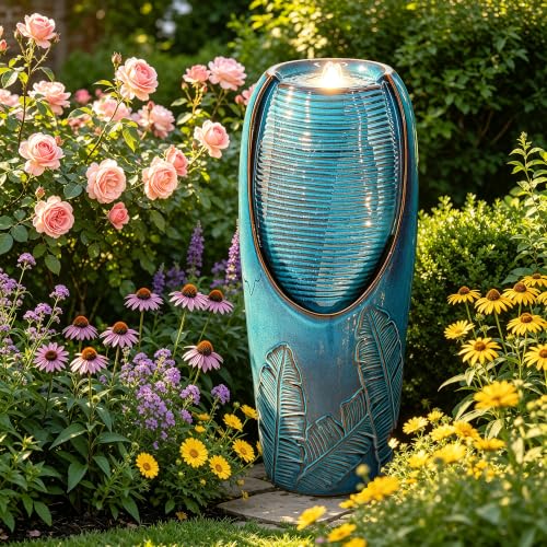 Autodaya 33" H Ceramic Jar Outdoor Water Fountain, Banana Leaf-Texture | Artisan High-Fired Glaze, Warm Ambient LED Lighting, Upgraded Pump, Soothing Cascading Water Feature For Garden Patio Yard - color: 32"h-leaf Pattern Teal Blue Glaze