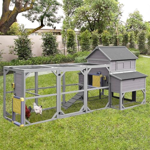 Aivituvin Chicken Coop Extra Large Chicken House with Run for 4-6 Chickens Outdoor Wooden Hen House Poultry Cage with 6 Nesting Boxes, 6 Perches, 118" L (Grey, AIR46M) - size: 118.1"L x 56.7"W x 49.5"H