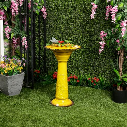 Alpine Corporation ORS112YL Vintage Metal Pedestal Birdbath with Stand, Shallow Bird Bath Bowl for Outside, 28" H, Yellow - color: Yellow