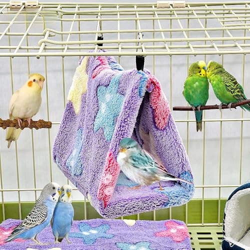 2 Pack Bird Nest Plush Snuggle Bird Hammock Hanging Bird Cave Parrot Sleeping Bed Shed Hut Hanging Tent for Budgies Finch Parakeet Cockatiel Cockatoo Lovebird-Star Pattern (Brown&Purple) - color: Brown&Purple(Star)