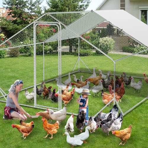 GarveeLife Large Chicken Coop, Metal Chicken Run with Anti-Ultraviolet Waterproof Cover, Spire Roof Walk in Poultry Cage, Outdoor Chicken Pen for Backyard and Farm Use 9.8 ft x 13.1 ft x 6.6 ft - size: 118.1"L x 157.5"W x 78.7"H