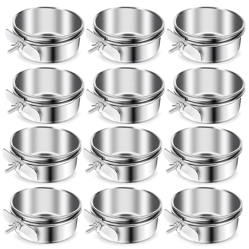 12 Pcs Stainless Steel Bird Food Bowls, 10 oz Bird Water Bowls with Clamp Holders, Parrot Cage Coop Feeders for Cockatiel Conure Budgie Parakeet Macaw (12PC-10oz Stainless Steel Bowl) - color: 12PC-10oz Stainless Steel Bowl