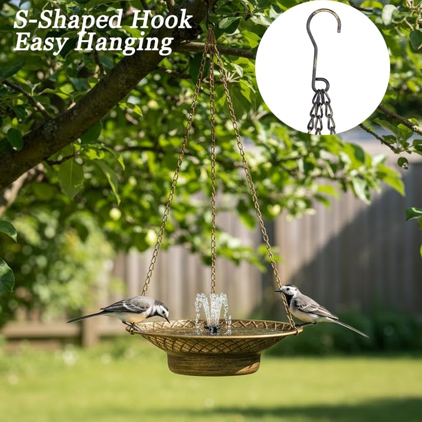Hanging Solar Bird Bath for Outdoors, Metal Solar Powered Bird Bath Fountain, No Batteries Needed, 12.6" Hanging Bird Baths for Garden Patio Lawn Decor, Gold - color: Gold