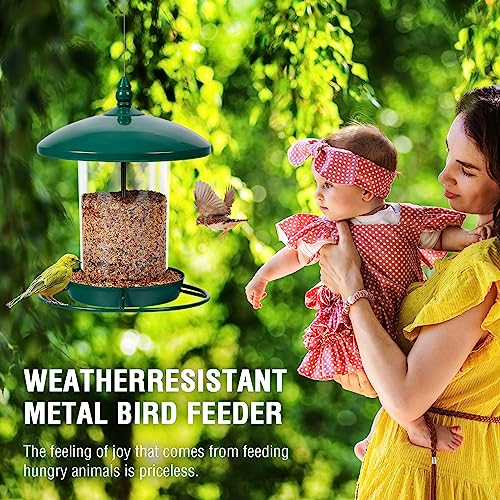 Metal Bird Feeder for Outdoors Hanging,3.0LB Seed Feeder,Easy to Fill & Clean,360° Feeding,Chew Proof Weatherproof Roof for Gardens and Wild Birds,Green - color: Green