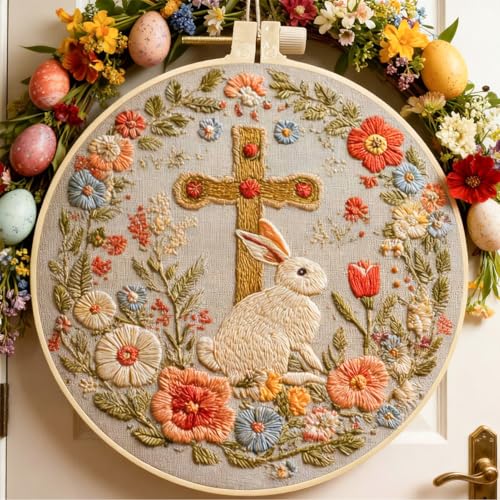 FONNUY Easter Rabbit Floral Cross Embroidery Kit, Easter Egg Happy Rabbits Bunny Stamped Pattern Kits for Audlt Beginners, Hand Works Crafts, 8 x 8'' (Happy Bunny 02) - color: Happy Bunny 02